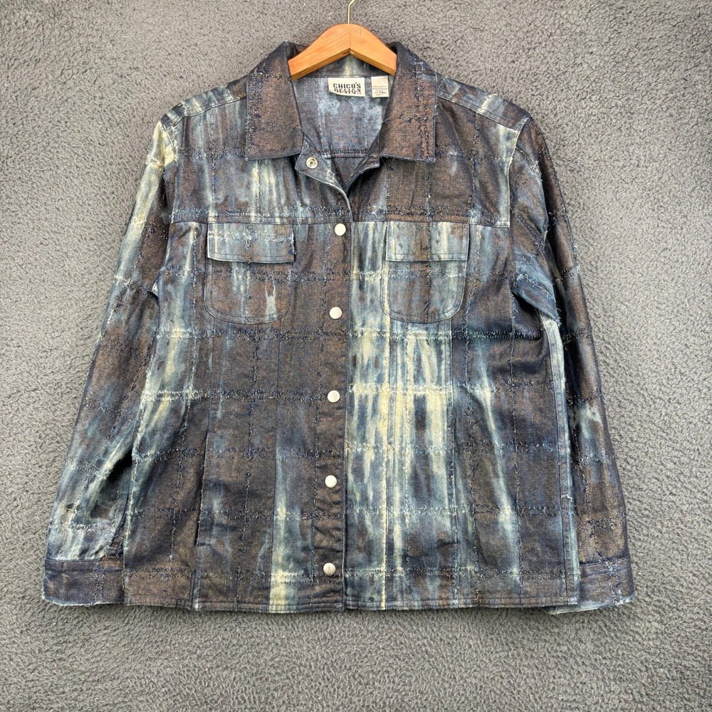 Chicos Design Womens Blue Brown Bleached Distressed Cotton Jacket‎ Size 1 M
